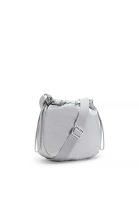 Gray, quilted shoulder bag with a rounded shape, adjustable strap, and silver hardware. Material appears smooth and slightly reflective.