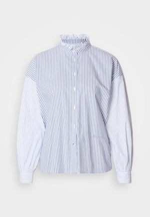 Svītrains pogājams krekls zilā un baltā krāsā ar volānu apkakli, garām pūkainām piedurknēm un vaļēju piegriezumu. Mīksta auduma ar gludu tekstūru.