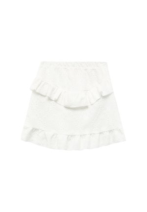 Falda de algodón blanca con un patrón texturizado, que presenta un diseño de volantes en capas en los bordes superior e inferior. Cintura elástica para un ajuste cómodo.