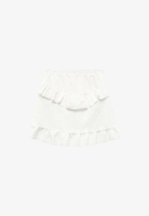 Jupe en coton blanc avec un motif texturé, présentant un design à volants superposés sur les bords supérieur et inférieur. Taille élastique pour un ajustement parfait.