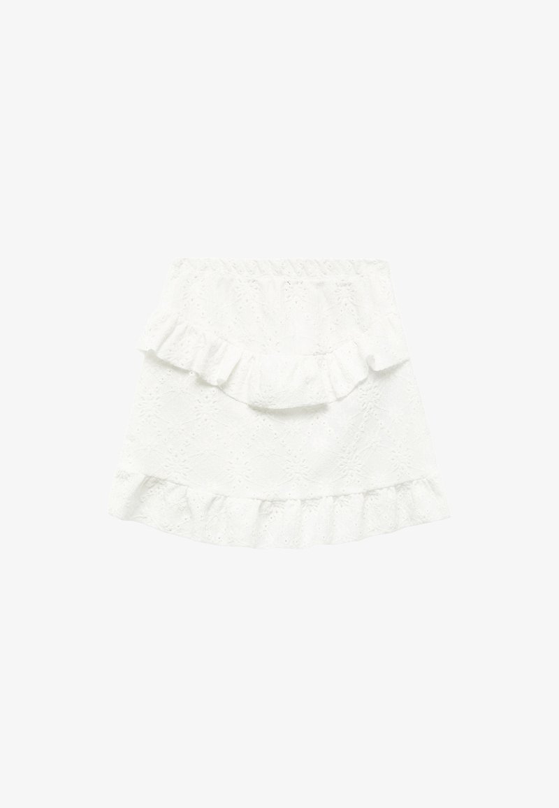 Jupe en coton blanc avec un motif texturé, présentant un design à volants superposés sur les bords supérieur et inférieur. Taille élastique pour un ajustement parfait.
