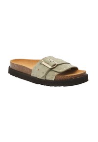 Green suede slide sandal with gold stud accents, cork midsole, and black rubber sole. Features a wide strap with a metal buckle.