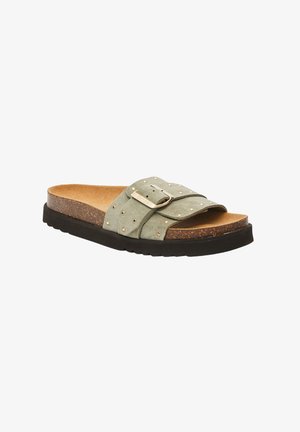 Gröna mocka slide-sandaler med guldfärgade nitar, kork-mellansula och svart gummisula. Har en bred rem med en metallspänne.