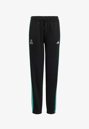 Pantaloni della tuta Adidas neri con strisce laterali turchesi e loghi Mercedes AMG Petronas Formula 1 Team, vita elastica e coulisse.