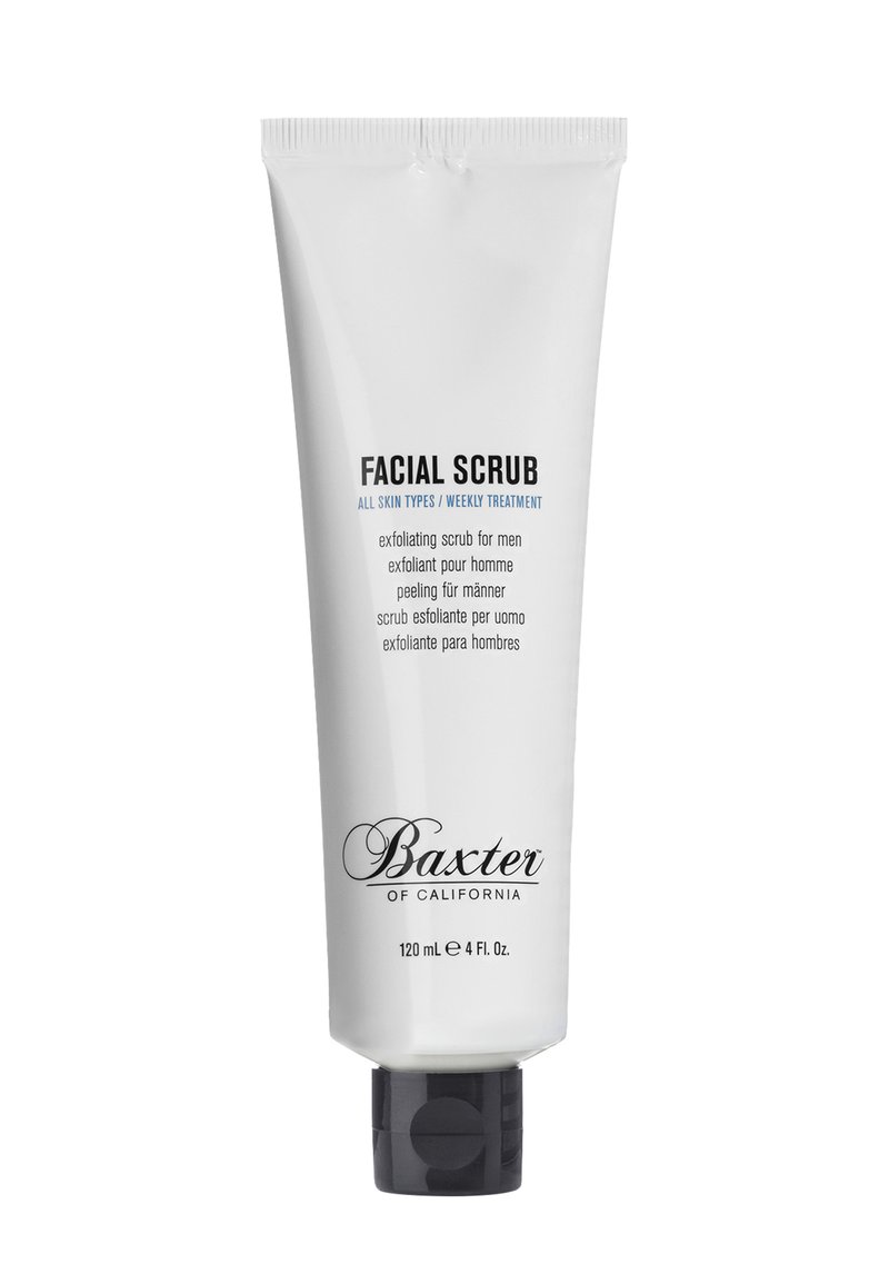 Tubetto di dentifricio bianco con tappo a vite nero. L'etichetta presenta "SCRUB VISO" in testo nero e blu. Dimensione: 120 ml e (4 fl oz).