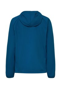 Giacca blu con cappuccio a maniche lunghe, con cuciture visibili sulle spalle e sulla schiena, vista da dietro.