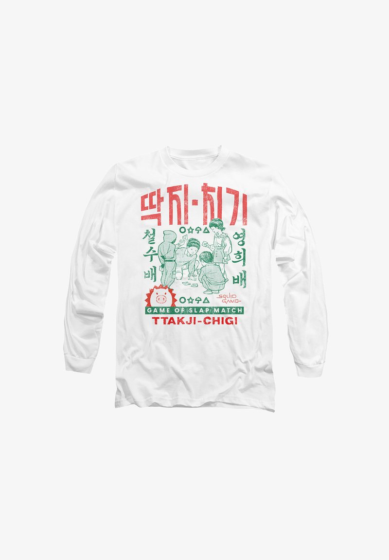 White long-sleeve T-shirt featuring green and red graphic text and illustrations related to the game "Ttakji-chigi" from "Squid Game."