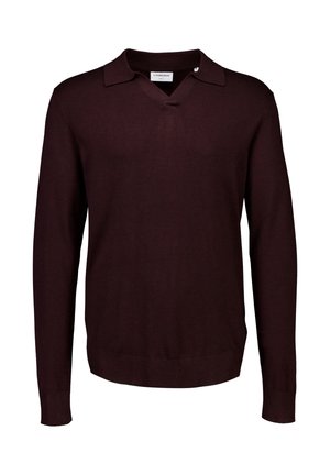 Maglione a polo lungo in maglia di un elegante bordeaux scuro, dotato di colletto a V e polsini e orlo a costine.