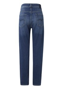 Jean droit taille haute bleu marine avec poches arrière et détails brodés subtils sur les bords des poches.