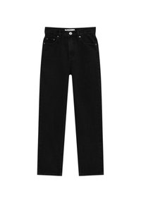 Pantalones vaqueros de mezclilla negra con corte recto, que cuentan con un cierre de botón y cremallera, cinco bolsillos y una textura ligeramente desgastada.