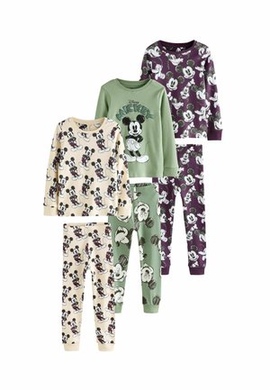 Set of four children's pajama sets featuring Mickey Mouse prints. Materials in soft cotton, colors include beige, green, and purple, with diverse patterns.