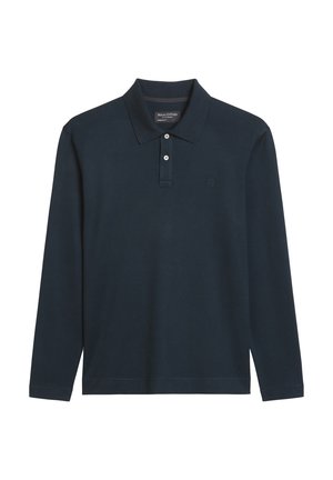 Marineblauwe poloshirt met lange mouwen van katoen, voorzien van een kraag, een drie-knopenknopsluiting en een klein geborduurd logo op de borst.