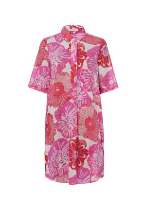 Korte mouwen overhemdjurk met kraag, grote roze en rode bloemenprint en knoopsluiting aan de voorkant.