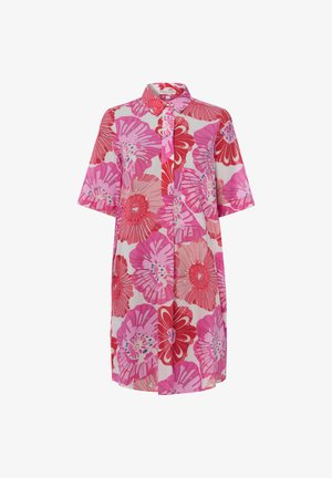 Korte mouwen overhemdjurk met kraag, grote roze en rode bloemenprint en knoopsluiting aan de voorkant.