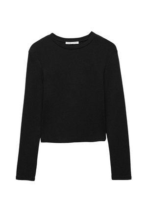 Maglietta cropped nera a maniche lunghe realizzata in morbido cotone, con scollatura rotonda classica e vestibilità rilassata. Nessun motivo o dettaglio visibile.