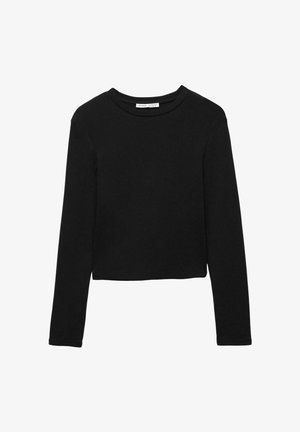 Czarny, długi rękaw, krótki T-shirt wykonany z miękkiej bawełny, z klasycznym okrągłym dekoltem i luźnym krojem. Brak widocznych wzorów lub akcentów.