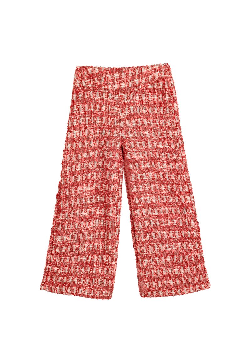 Pantaloni a gamba larga a quadri rossi e bianchi, realizzati in un tessuto testurizzato con vita elastica, caratterizzati da una vestibilità ampia e un motivo intrecciato.