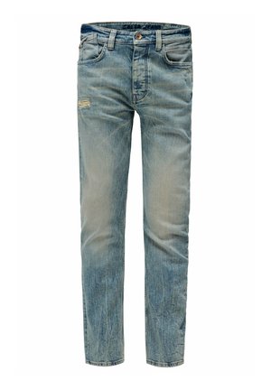 Vaqueros de mezclilla azul claro con un acabado desgastado, que presentan una zona desgastada en el muslo, corte de pierna recta y diseño clásico de cinco bolsillos.