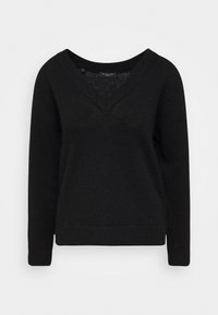 Schwarzer V-Ausschnitt-Pullover mit langen Ärmeln, aus weichem Strickmaterial gefertigt. Verfügt über eine lockere Passform sowie gerippte Bündchen und Saum.