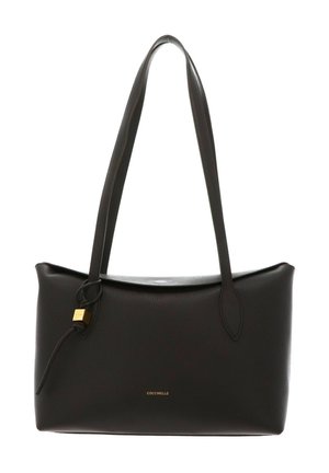 Sac à épaule en cuir noir avec fines bretelles, breloque cube doré et petit nom de marque doré à l'avant.