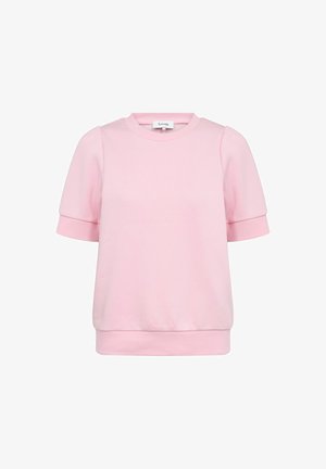 Pehmeä vaaleanpunainen lyhythihainen collegepaita, jossa on resorit hihansuissa, helmassa ja pyöreässä pääntiessä, esillä valkoisella taustalla.