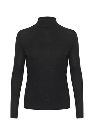 Black turtleneck top with long sleeves, made of fine, lightweight fabric. Features a fitted design and smooth texture. No visible patterns or accents.