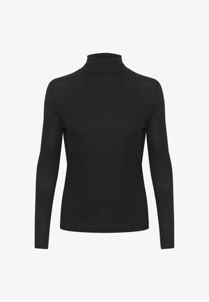 Black turtleneck top with long sleeves, made of fine, lightweight fabric. Features a fitted design and smooth texture. No visible patterns or accents.