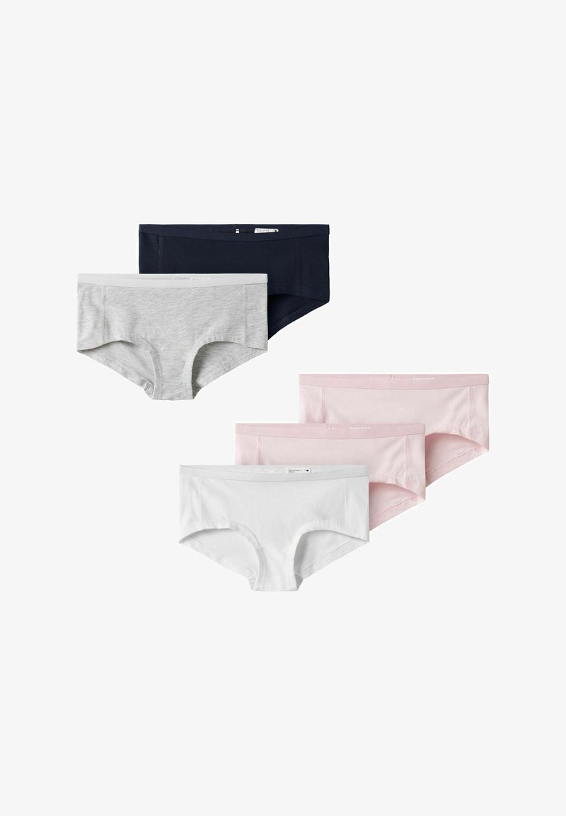 Set de cinci chiloți hipster din bumbac în nuanțe de bleumarin, gri, alb și două nuanțe de roz. Prezentază un brâu moale și nu are cusături vizibile.