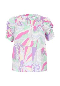 Farverig kortærmet top med et blomstermotiv og bølgemønster i pastelfarver. Har smocket detaljer ved skuldrene og en afslappet pasform.