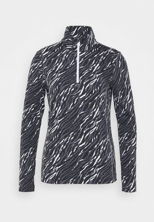 Trui met lange mouwen, zwart-grijze zebraprint, met een witte kwartrits en hoge kraag.