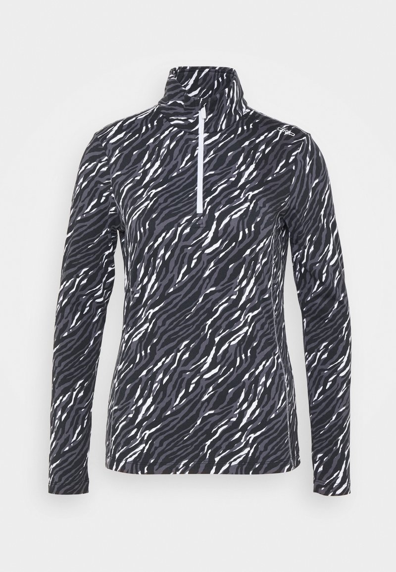 Pull à manches longues, noir et gris à rayures zébrées, avec une fermeture éclair blanche d’un quart et un col montant.