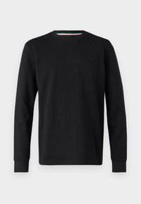 Felpa nera a maniche lunghe in tessuto ribbed, con scollatura a girocollo e un dettaglio a righe colorate sul collo. Logo discreto sul petto.