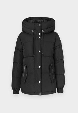 Black puffer jacket with a hood, featuring a quilted design, snap buttons, and zippered side pockets. Material appears smooth and waterproof.
