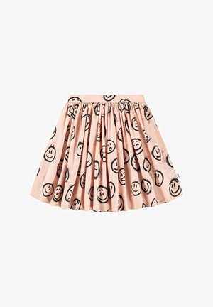 Ljusrosa kjol med rynkad midja, prydd med svarta leende ansiktsmönster över tyget. Tillverkad av ett smidigt, lätt material.