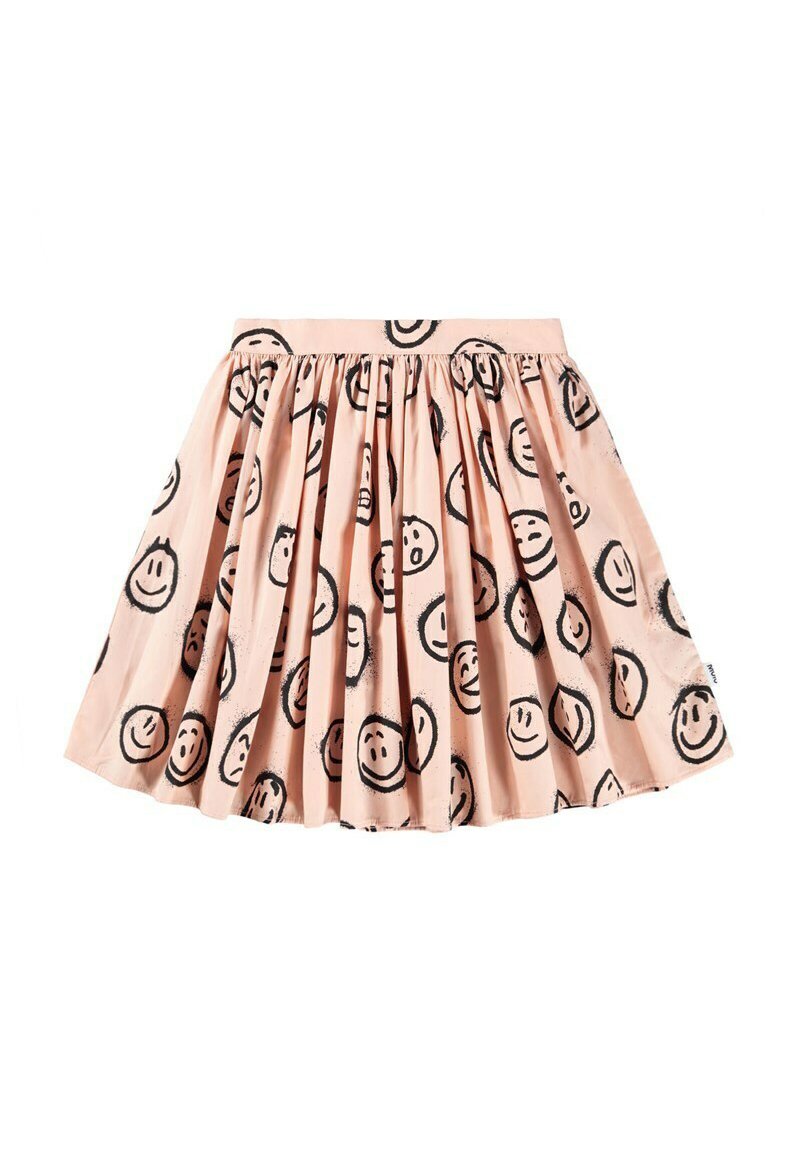 Vaaleanpunainen hame, jossa on kokoontuva vyötärö, ja jossa on mustia hymyileviä kasvoja kankaan pinnalla. Valmistettu sileästä, kevyestä materiaalista.