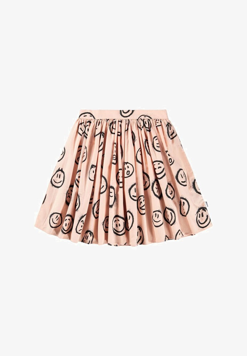 Vaaleanpunainen hame, jossa on kokoontuva vyötärö, ja jossa on mustia hymyileviä kasvoja kankaan pinnalla. Valmistettu sileästä, kevyestä materiaalista.