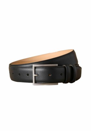 Ceinture en cuir noir avec une texture lisse, boucle rectangulaire en argent et plusieurs trous d'ajustement le long de sa longueur.