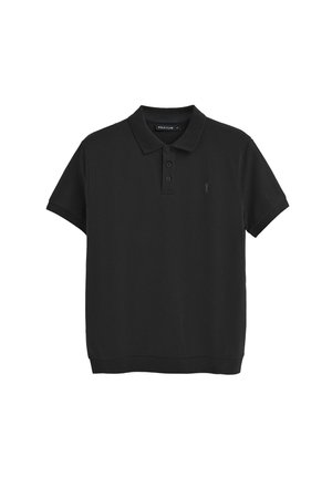 Schwarzes Polohemd mit klassischem Kragen, drei Knöpfen, kurzen Ärmeln und einem dezenten gestickten Logo auf der Brust.