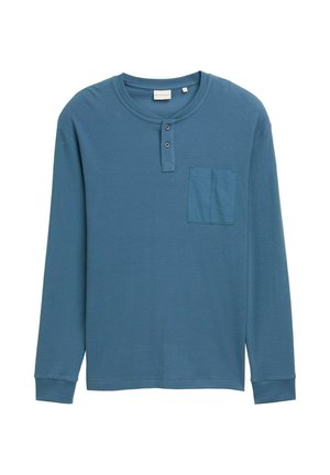 Langærmet skjorte i blødt teal-stof med en tekstureret finish, prydet med en to-knaps henley hals og en brystlomme.