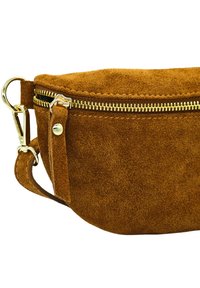 Sacoche en suède brun avec une fermeture éclair dorée, dotée d'un clip en métal et d'une bandoulière pour le transport. Texture lisse, forme arrondie et design simple.