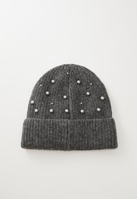 Gray ribbed knit beanie with a folded cuff, adorned with dispersed silver bead accents for added detail. Soft texture, round shape.