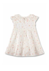 Blumenkleid aus weißer Baumwolle mit rosa Blumen, kurzen Ärmeln, einem Rüschkragen und einer Knopfverschlüsse auf der Rückseite. Gestufter Rockdesign.