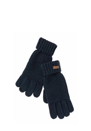 Par de guantes de punto azul oscuro con puños acanalados y una pequeña etiqueta rectangular marrón en un puño.