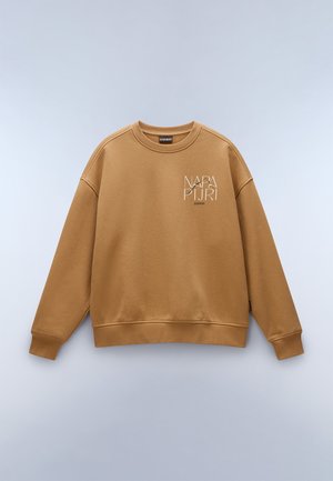 Camel brown crewneck sweatshirt with long sleeves and white "NAPAPIJRI" text logo on the upper left chest.