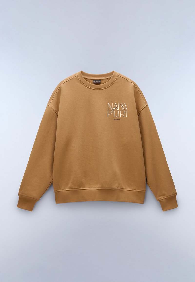 Sweat-shirt col rond brun chameau à manches longues avec le logo texte blanc "NAPAPIJRI" sur la poitrine en haut à gauche.