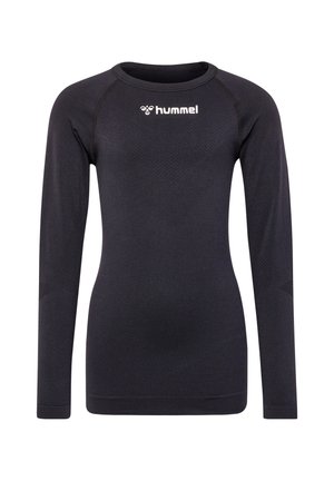 Langærmet sort sportstop lavet af struktureret stof, har rund hals og Hummel-logo i hvidt på brystet, designet til aktiv brug.