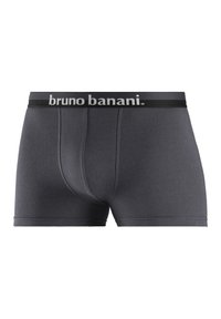 Grijze boxershorts van een katoenmix met een zwarte elastische tailleband waarop de merknaam "bruno banani" in witte letters staat. Gladde textuur.
