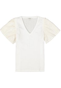 Weißes V-Ausschnitt-T-Shirt mit strukturiertem Körper und gepufften kurzen Ärmeln. Die Ärmel verfügen über Augenlöcher, die ein leichtes und luftiges Aussehen verleihen.