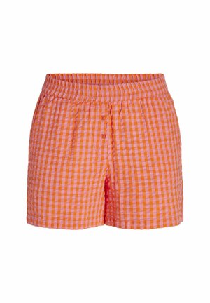 Gingham shorts in orange and pink, featuring an elastic waistband, two front buttons, and a lightweight textured fabric.