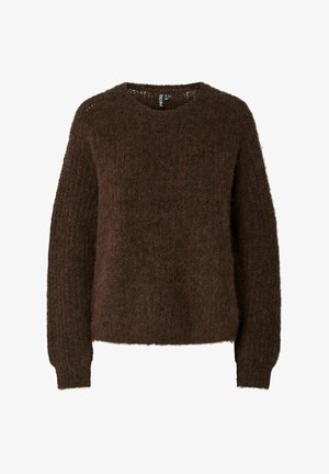 Pull en tricot doux et duveteux de couleur marron foncé, avec des manches longues et un col rond, présenté sur un fond blanc.